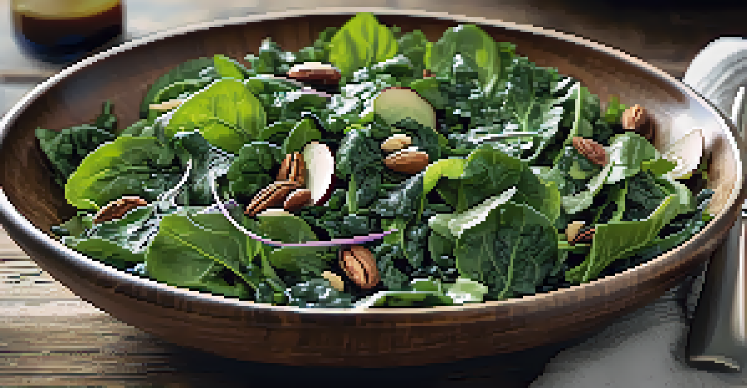 A close-up of a leafy greens salad with spinach, kale, and Swiss chard in a ceramic bowl, garnished with nuts and seeds.
