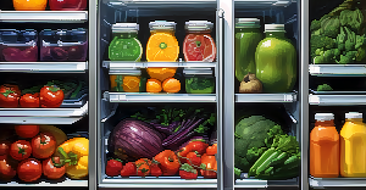 An organized refrigerator showcasing colorful raw foods in labeled containers, with a visible temperature gauge.