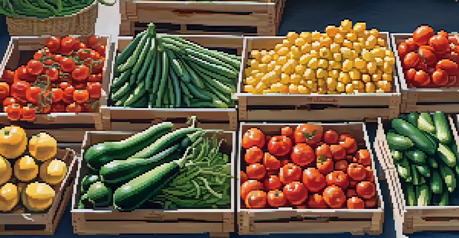 An overhead view of a farmers' market stall filled with fresh organic fruits and vegetables.