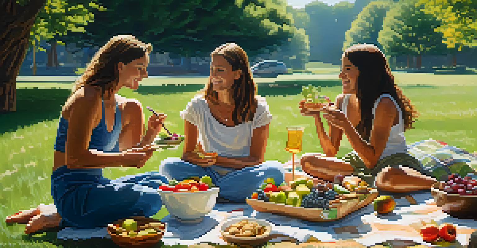 An outdoor picnic with people enjoying a mindful meal of raw foods on a blanket in the grass.