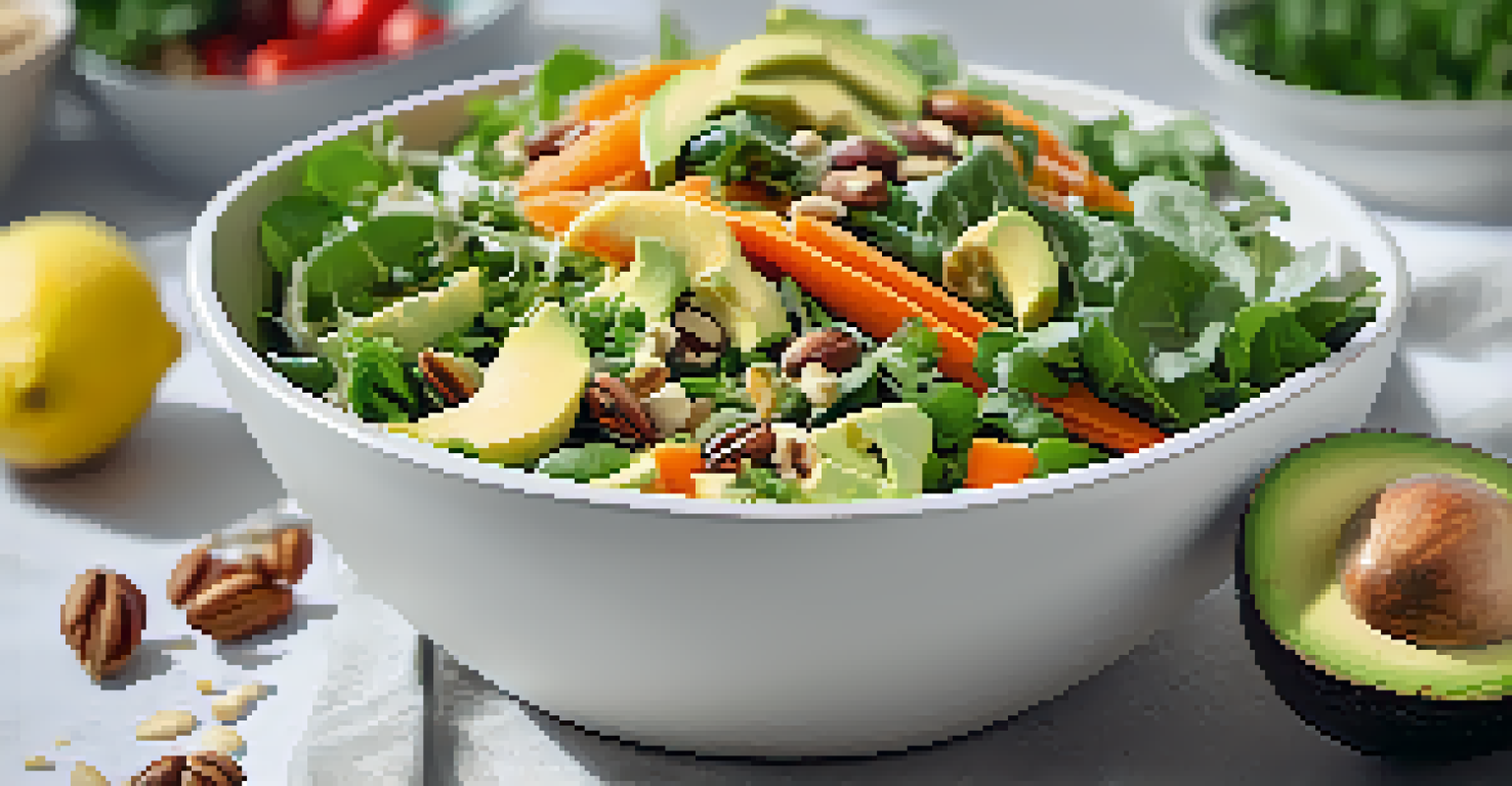 A close-up of a vibrant raw salad bowl with greens, avocado, carrots, and nuts, topped with dressing, in a kitchen setting.