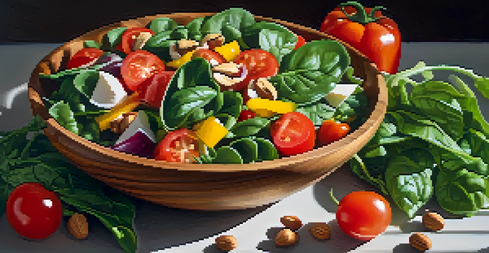 A colorful raw food salad with fresh vegetables like spinach, tomatoes, and bell peppers in a wooden bowl, illuminated by sunlight.