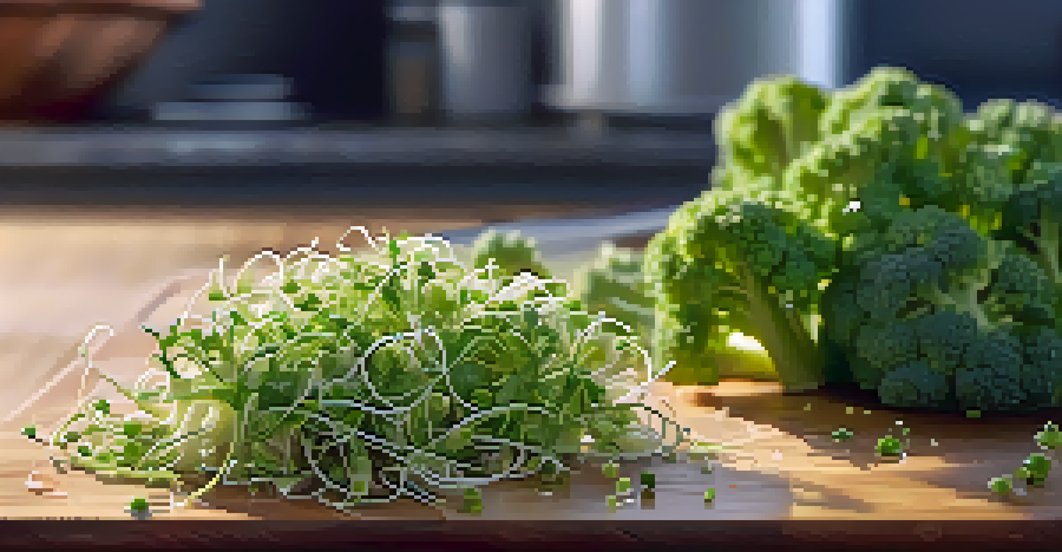 Close-up of fresh broccoli sprouts on a wooden cutting board with water droplets, set in a warm kitchen environment.