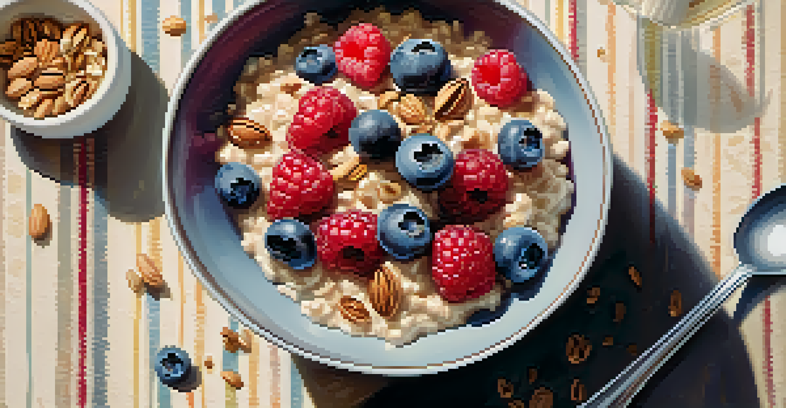 A breakfast bowl of oatmeal topped with fresh berries and nuts, with morning light illuminating the scene.