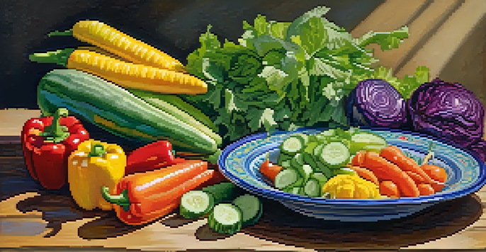A colorful plate of raw vegetables arranged in a rainbow pattern, showcasing various colors and textures.