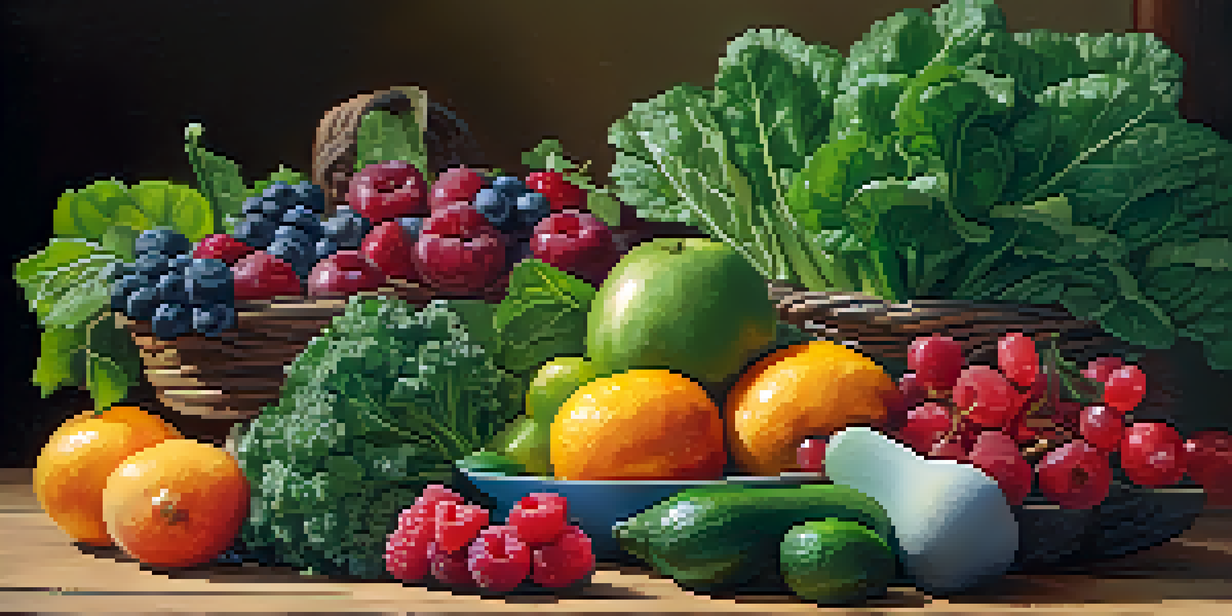 A colorful arrangement of fresh raw vegetables and fruits on a wooden table, including kale, berries, and avocados, illuminated by soft natural light.