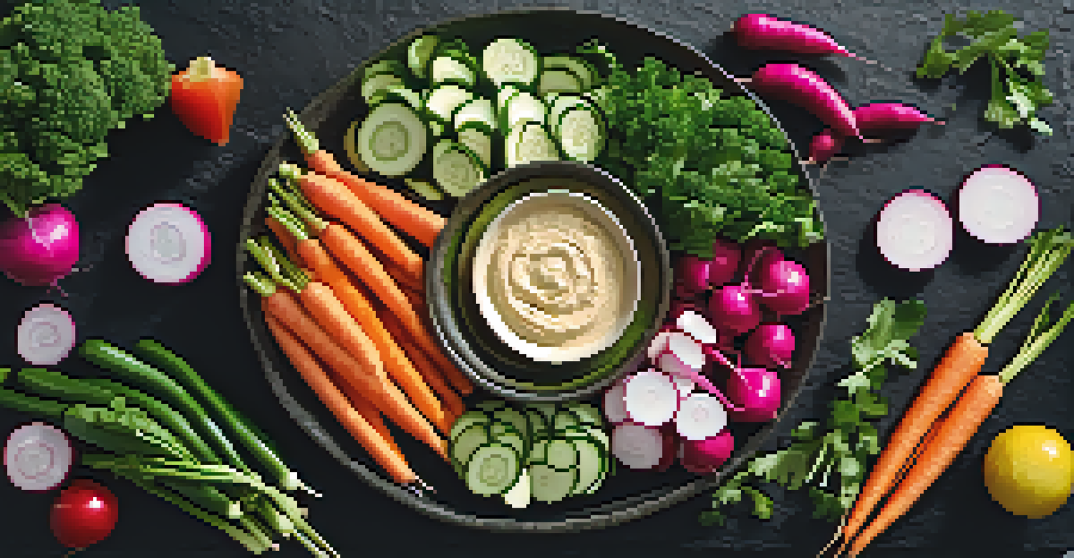 An overhead view of a vegetable platter with raw veggies and hummus on a dark stone surface.