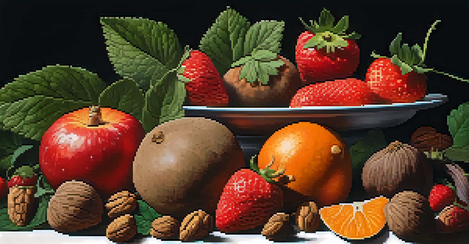 A plate with strawberries, walnuts, and sweet potatoes on a dark background, emphasizing the colors and textures.