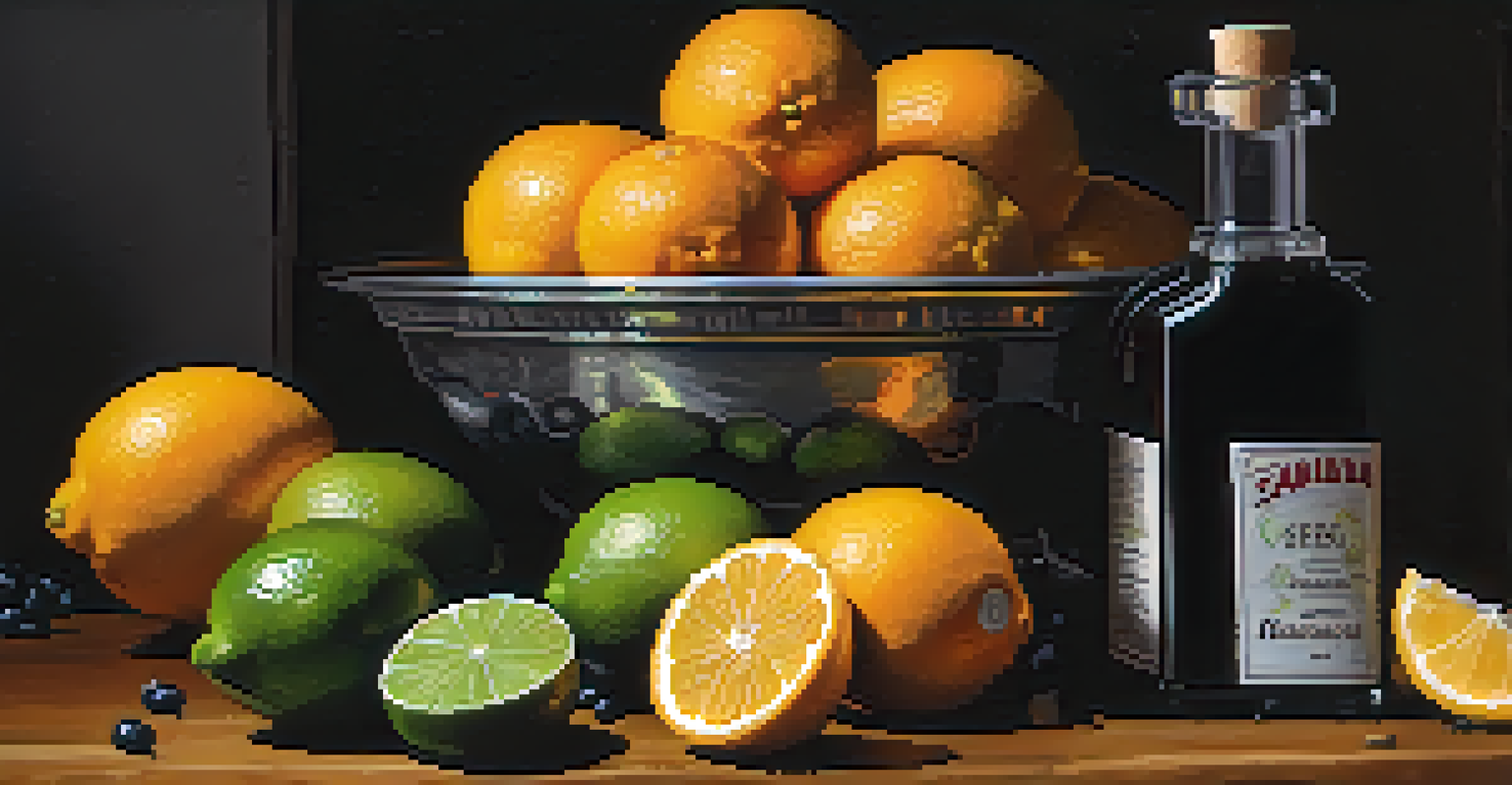 A collection of lemons, limes, and oranges with a bottle of balsamic vinegar on a dark slate background, showcasing their textures.