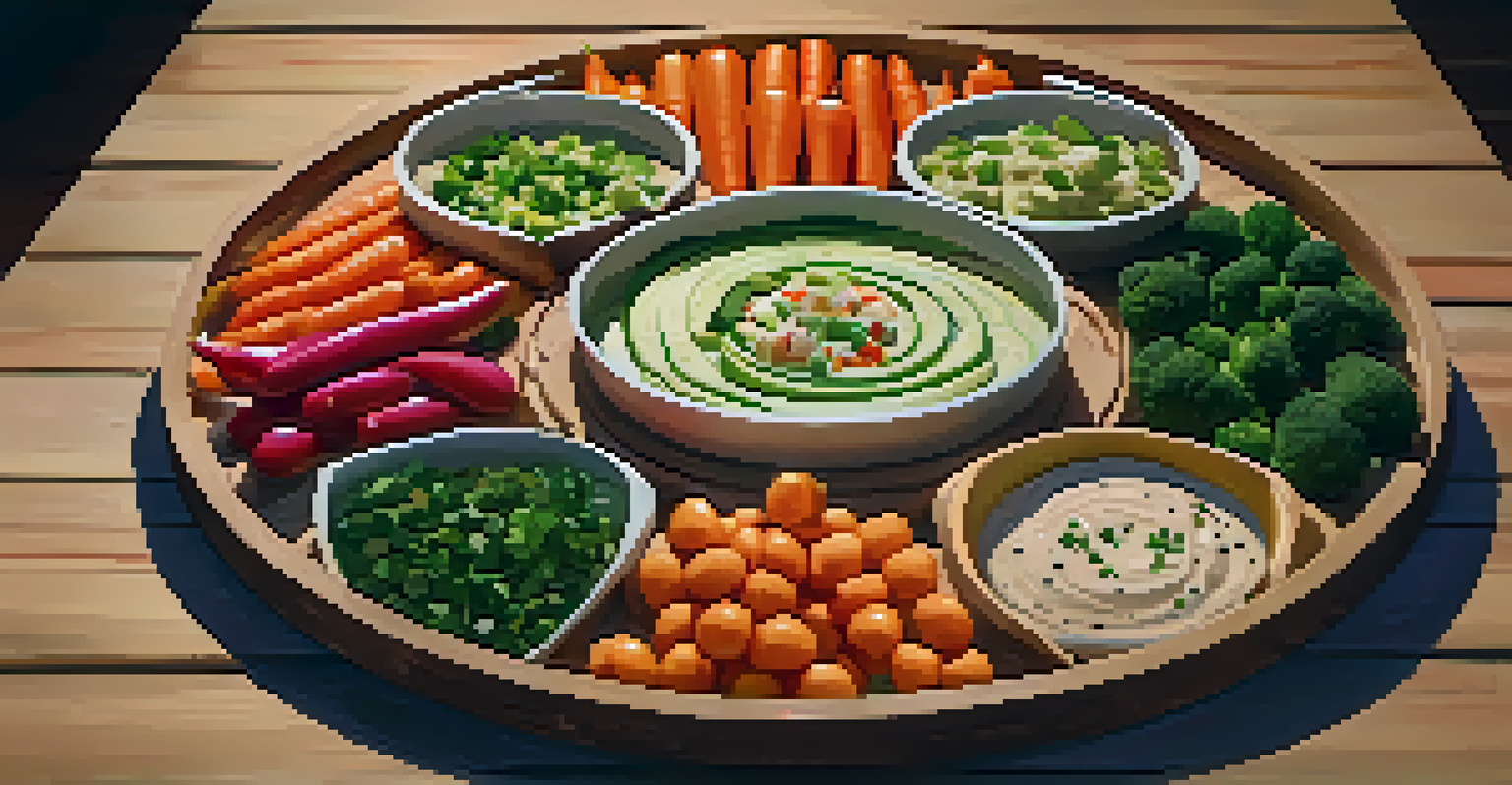 A cozy arrangement of raw vegetables and dips on a wooden board, illuminated by soft fairy lights for a social gathering.