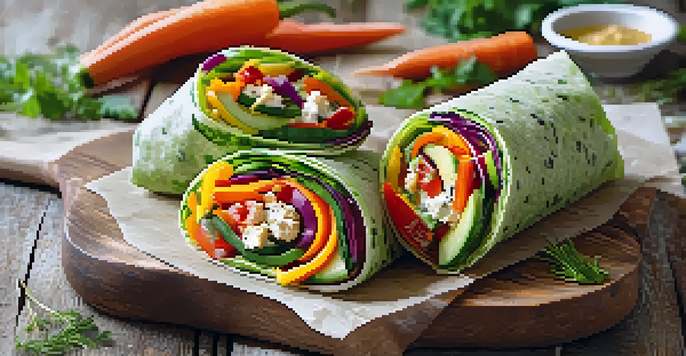 A colorful display of raw veggie wraps filled with fresh vegetables and hummus on a wooden table, illuminated by soft natural light.