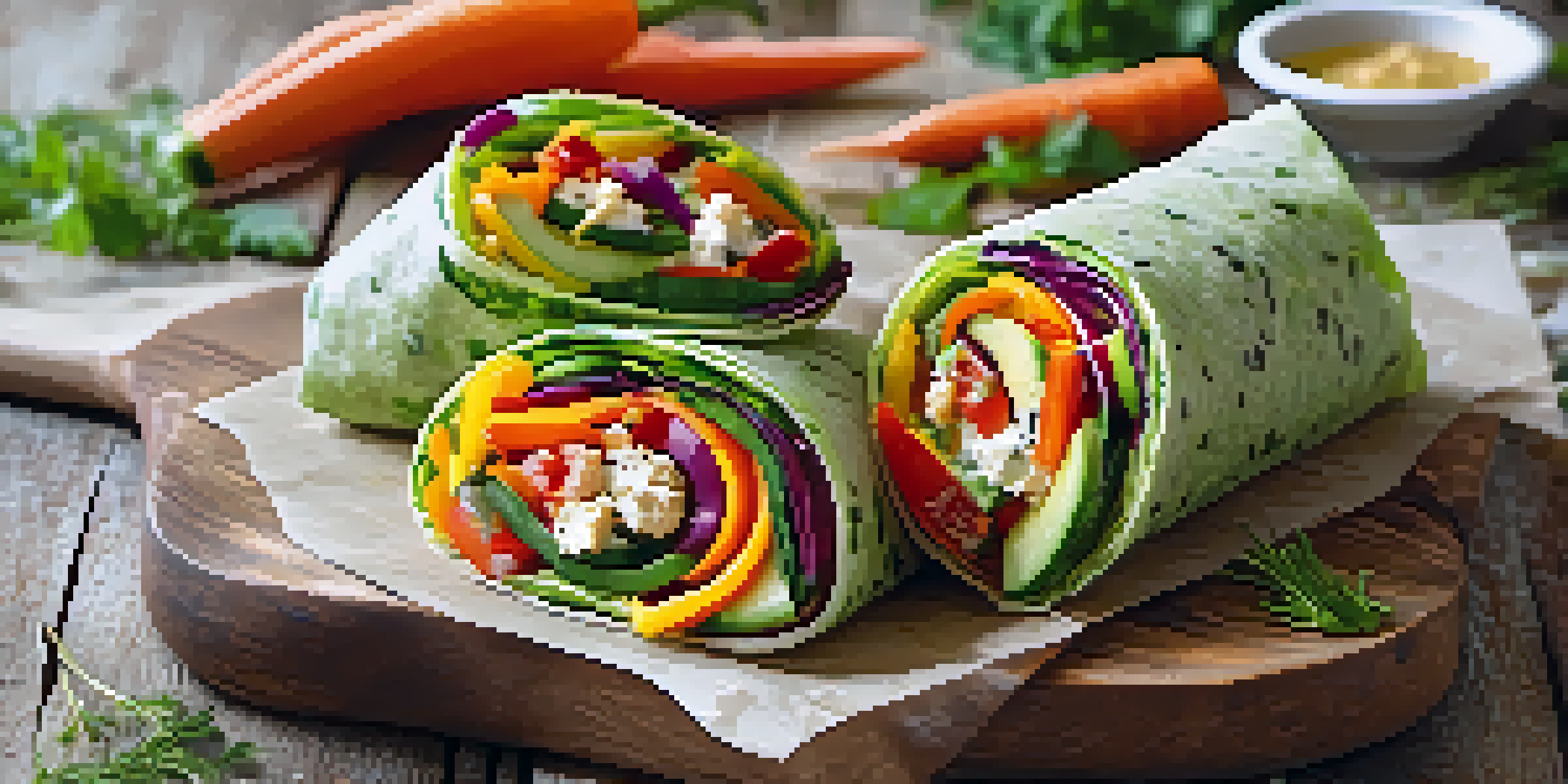 A colorful display of raw veggie wraps filled with fresh vegetables and hummus on a wooden table, illuminated by soft natural light.