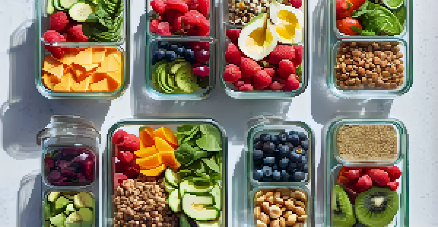 An overhead view of a meal prep display featuring colorful salads, smoothies, and raw snacks organized in containers.