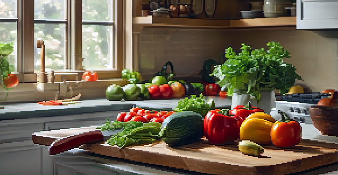 A kitchen countertop with fresh fruits and vegetables, a sharp knife on a cutting board, and natural light illuminating the scene.