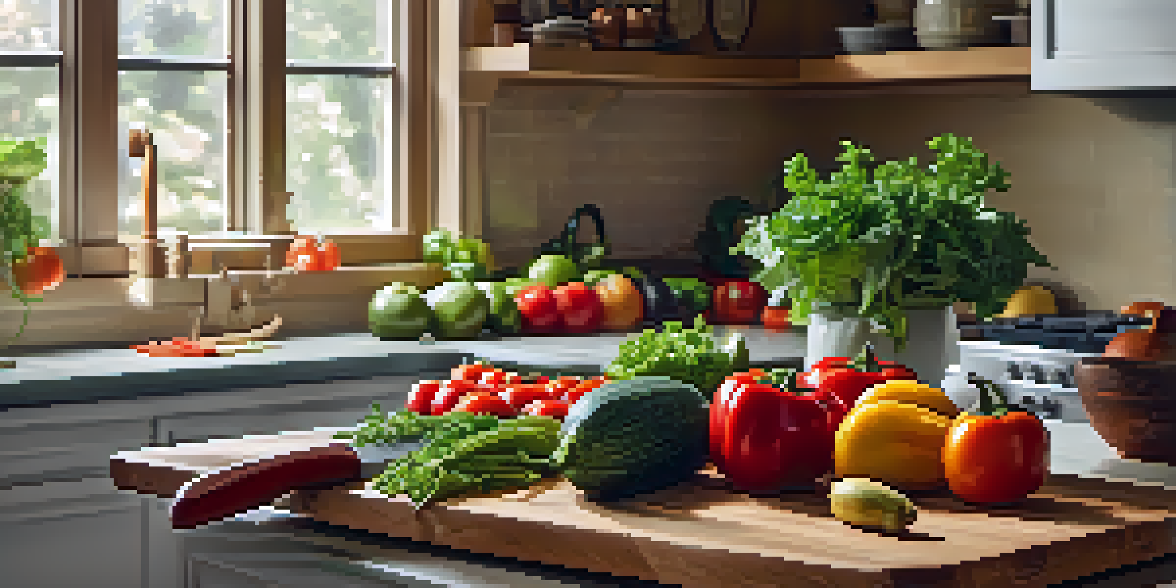 A kitchen countertop with fresh fruits and vegetables, a sharp knife on a cutting board, and natural light illuminating the scene.