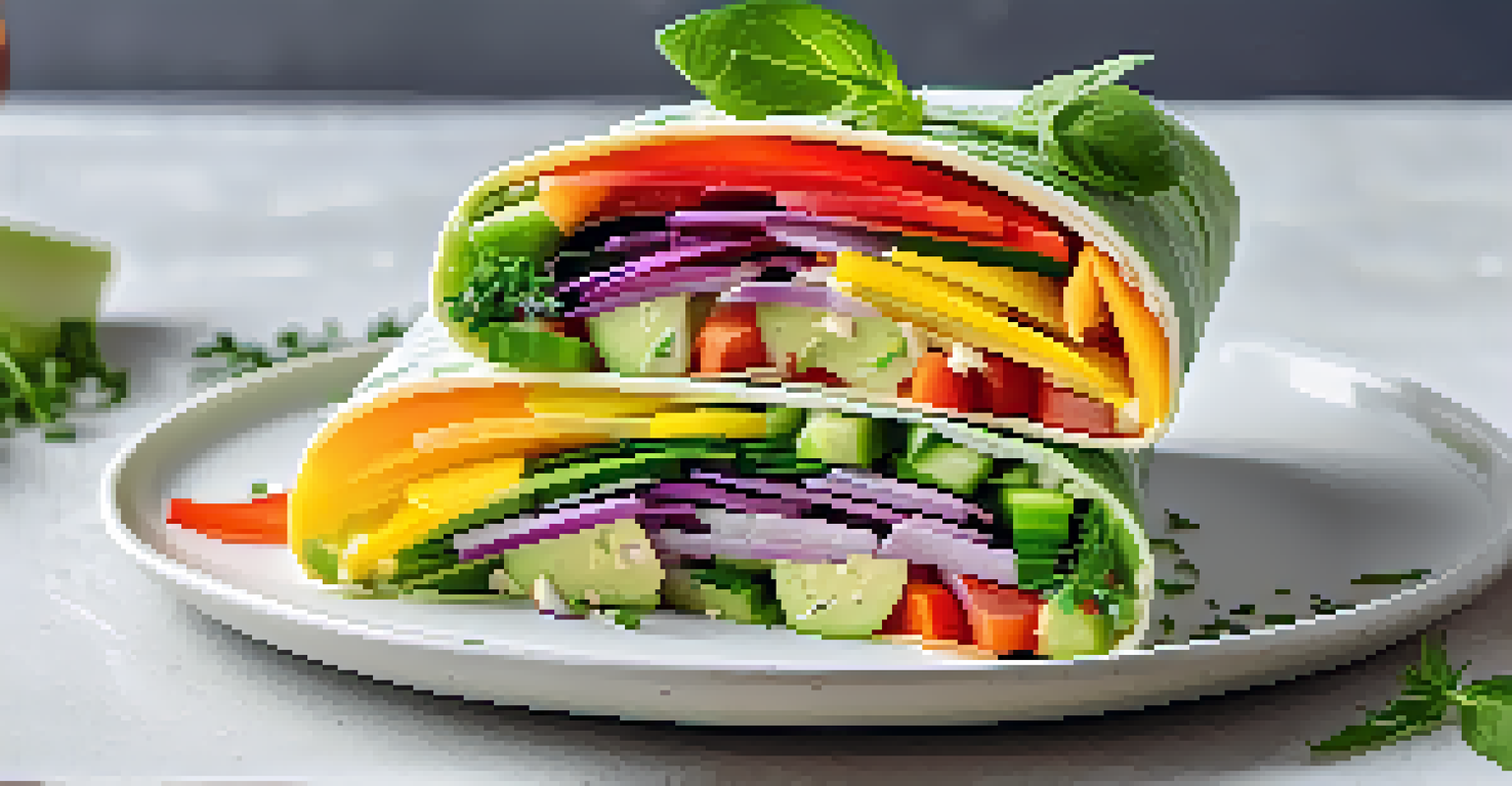 A rainbow vegetable wrap sliced to show colorful layers, served with avocado dressing on a white plate.