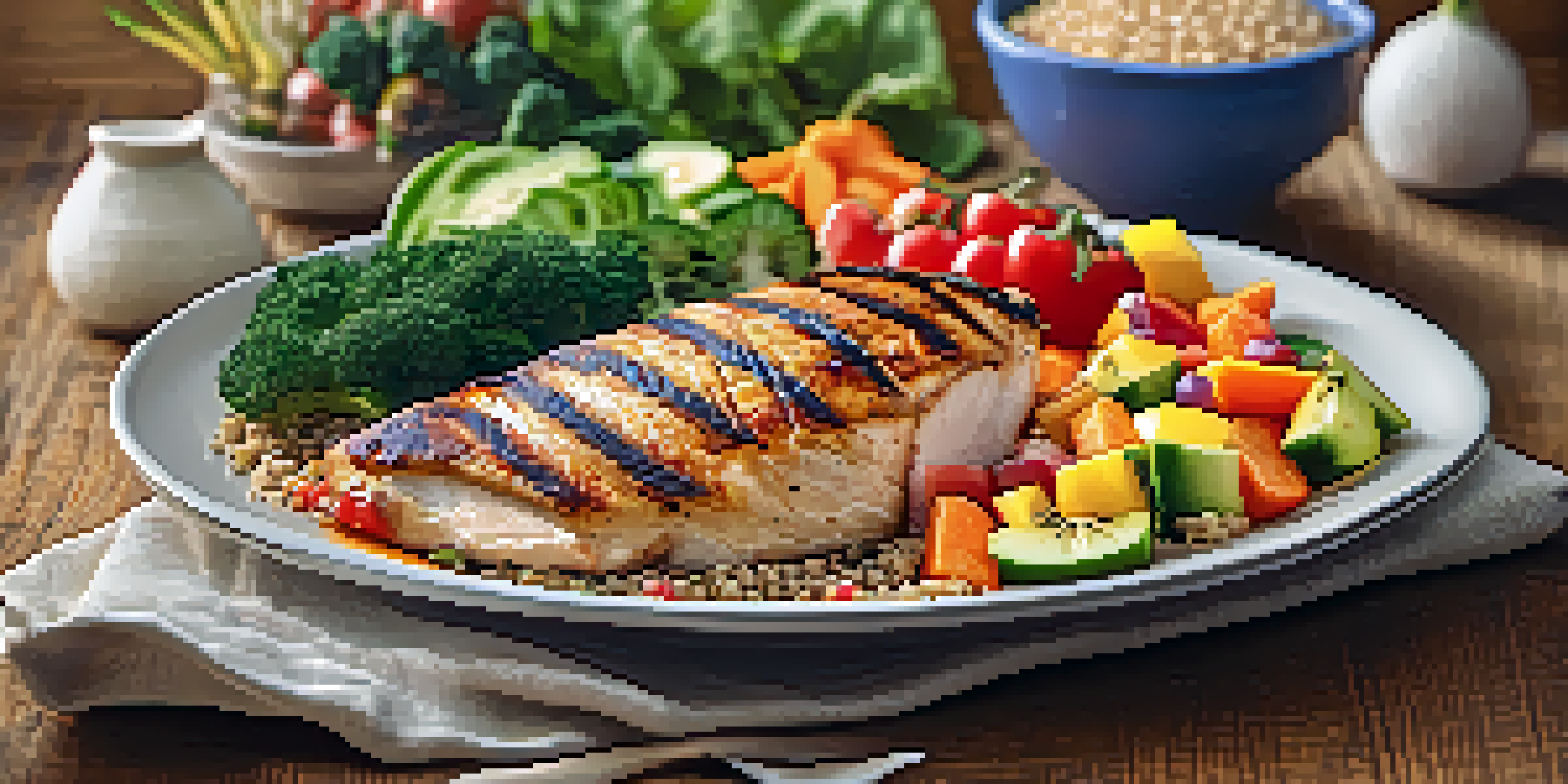 A balanced meal on a plate with raw vegetables, grilled chicken, and quinoa, illuminated by soft natural light.