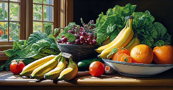 A colorful assortment of fresh raw fruits and vegetables arranged on a wooden table, illuminated by soft natural light.