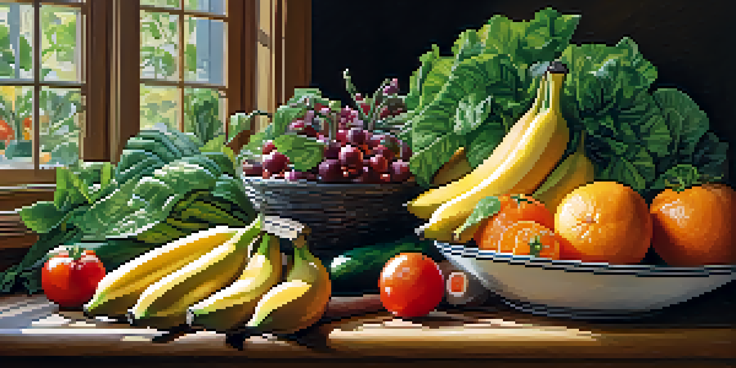 A colorful assortment of fresh raw fruits and vegetables arranged on a wooden table, illuminated by soft natural light.