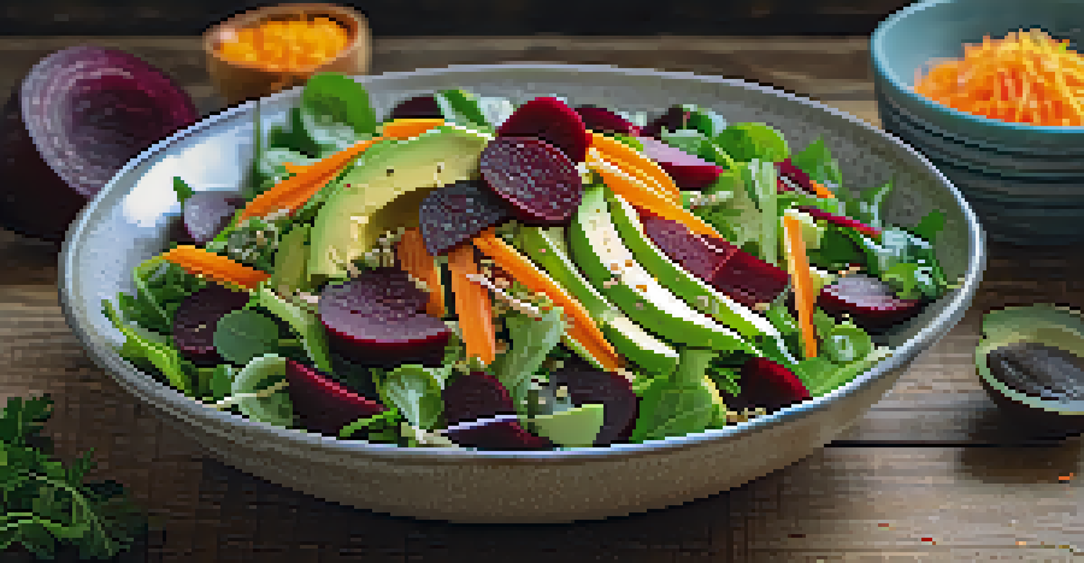 A close-up of a colorful raw salad with mixed greens, carrots, beets, and avocado in a rustic bowl, highlighting fresh ingredients.