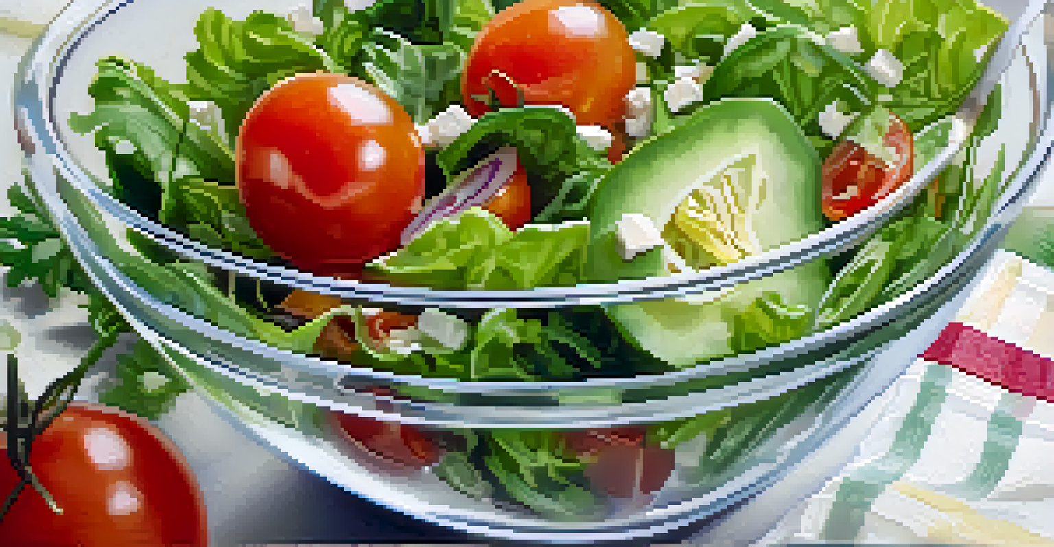 A close-up view of a colorful raw salad in a glass bowl, highlighting fresh ingredients and textures.