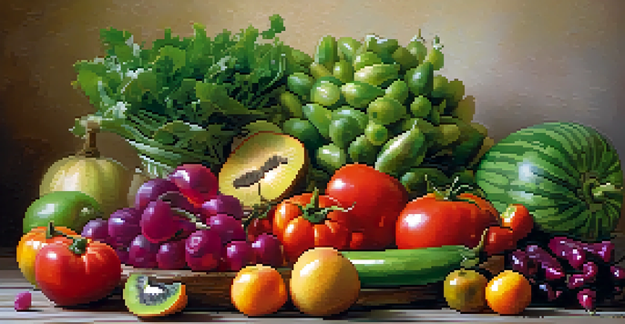 A colorful arrangement of fresh fruits and vegetables on a wooden table, showcasing a variety of textures and colors under soft natural light.