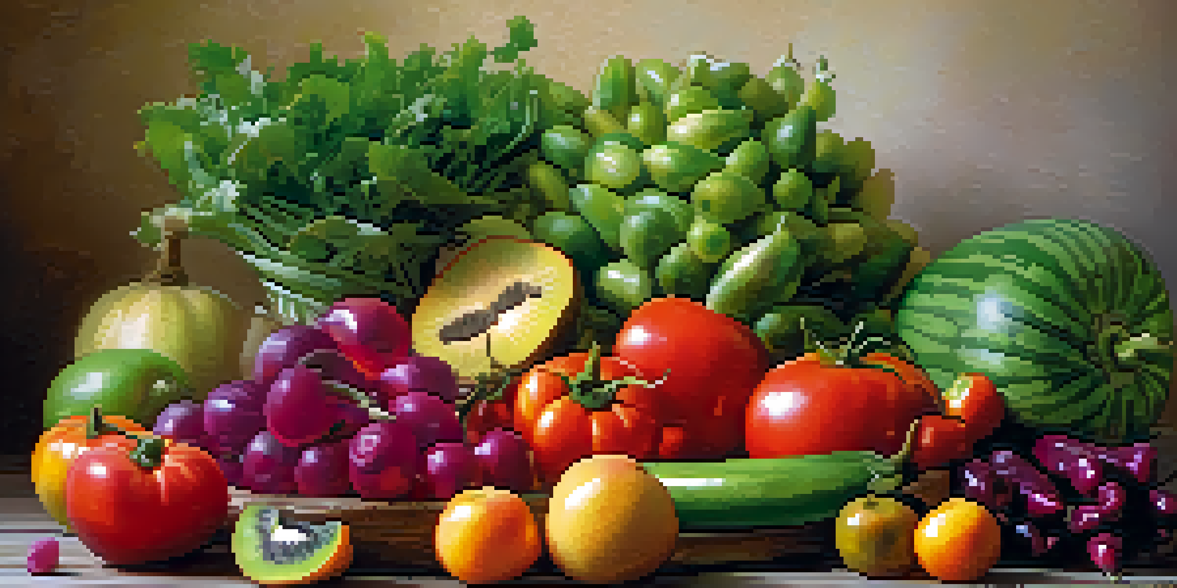 A colorful arrangement of fresh fruits and vegetables on a wooden table, showcasing a variety of textures and colors under soft natural light.