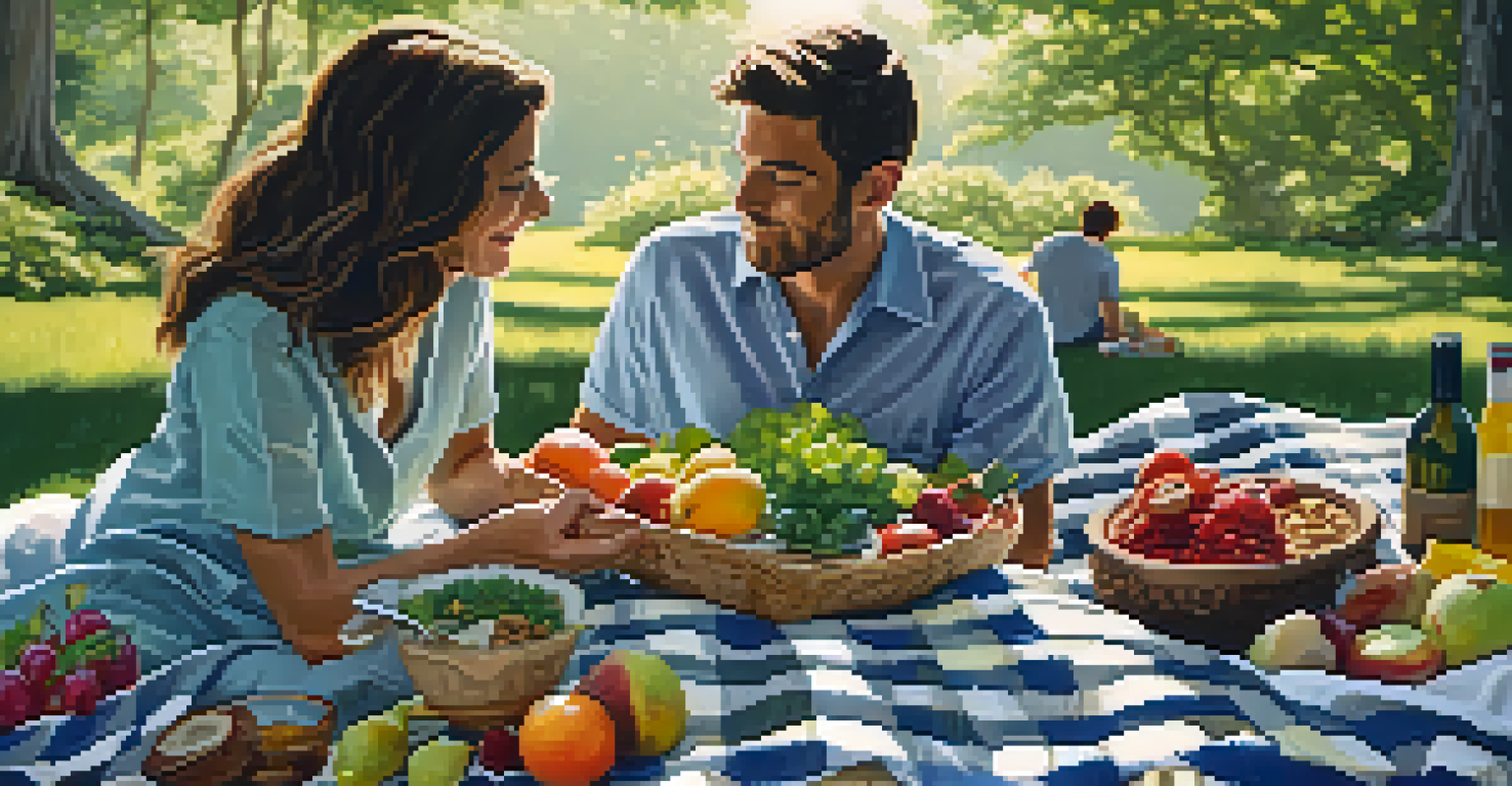 An outdoor picnic setting with a checkered blanket, bowls of raw fruits and vegetables, and a couple enjoying a meal in a lush green environment.