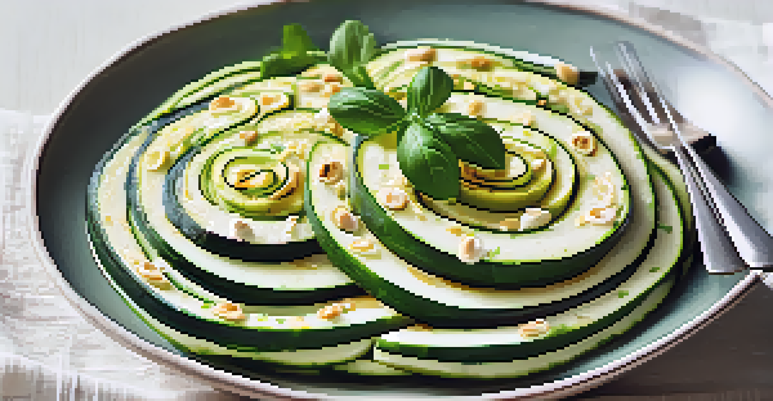 A close-up view of marinated zucchini spirals on a plate, garnished with herbs and cashew cream on a wooden surface.
