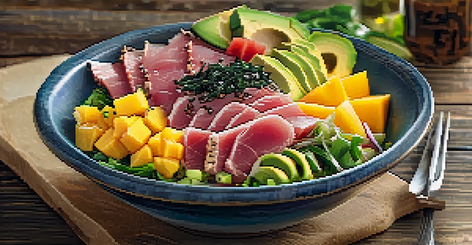 A close-up of a Hawaiian poke bowl with fresh tuna, avocado, and colorful toppings on a wooden table.