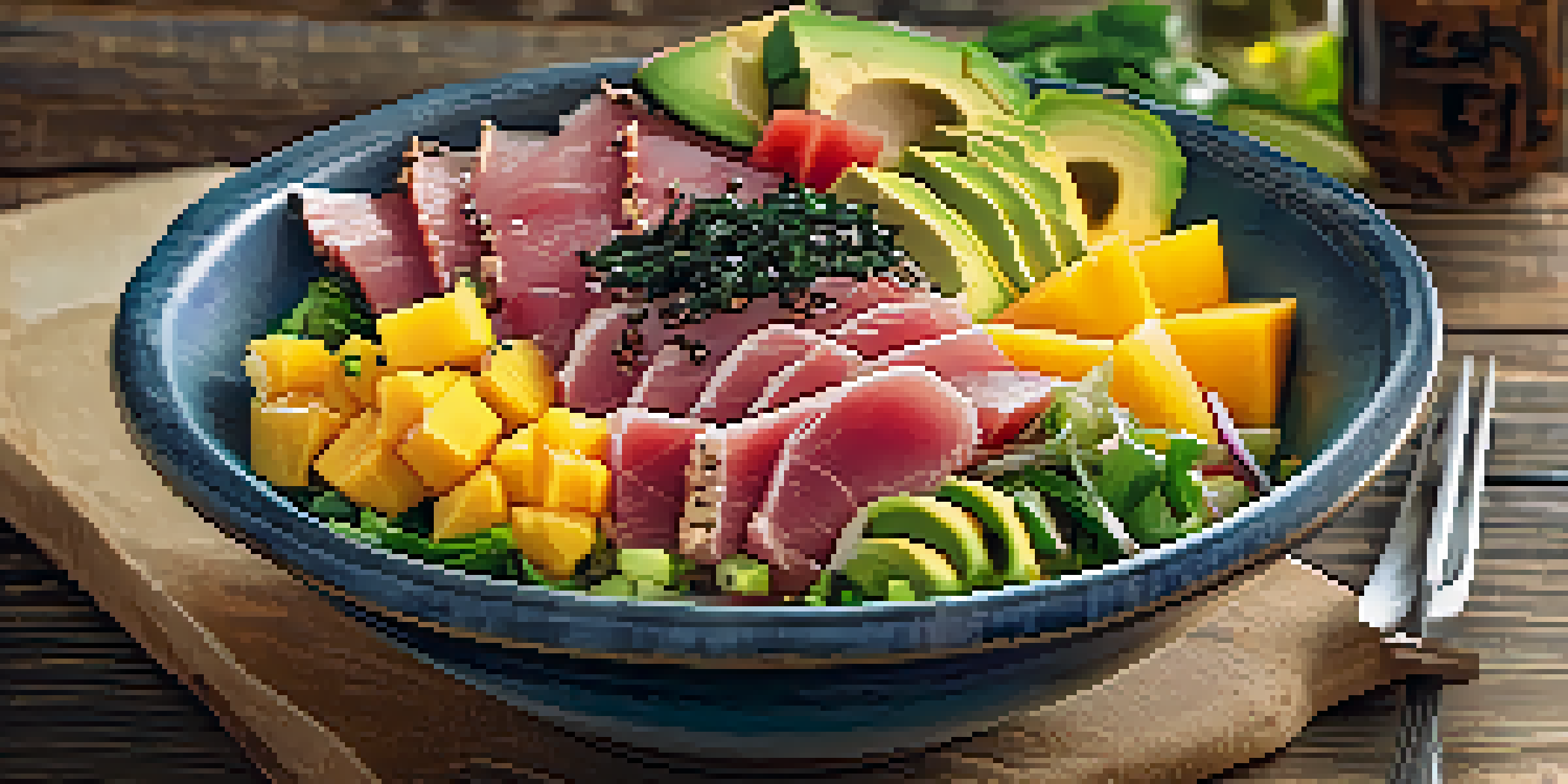 A close-up of a Hawaiian poke bowl with fresh tuna, avocado, and colorful toppings on a wooden table.