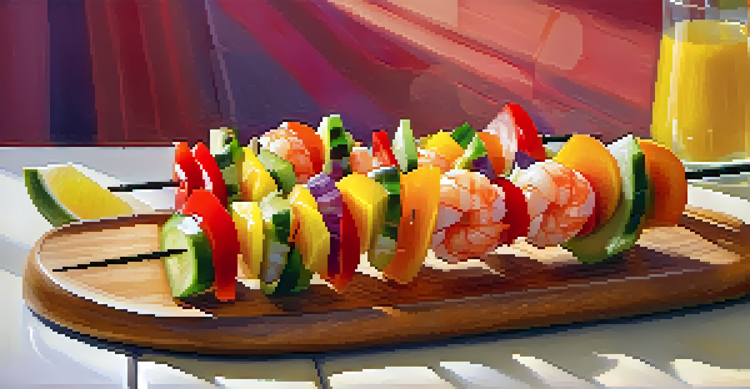 Fruit skewers with pineapple, shrimp, and bell peppers on a wooden platter.