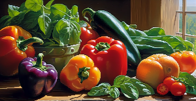 A close-up view of assorted raw fruits and vegetables on a wooden table, illuminated by natural sunlight.
