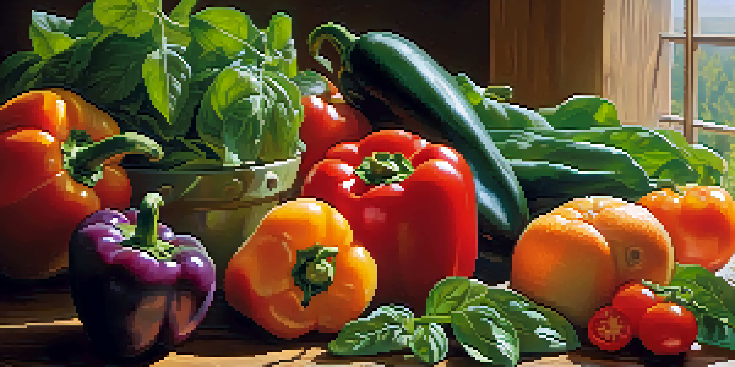 A close-up view of assorted raw fruits and vegetables on a wooden table, illuminated by natural sunlight.