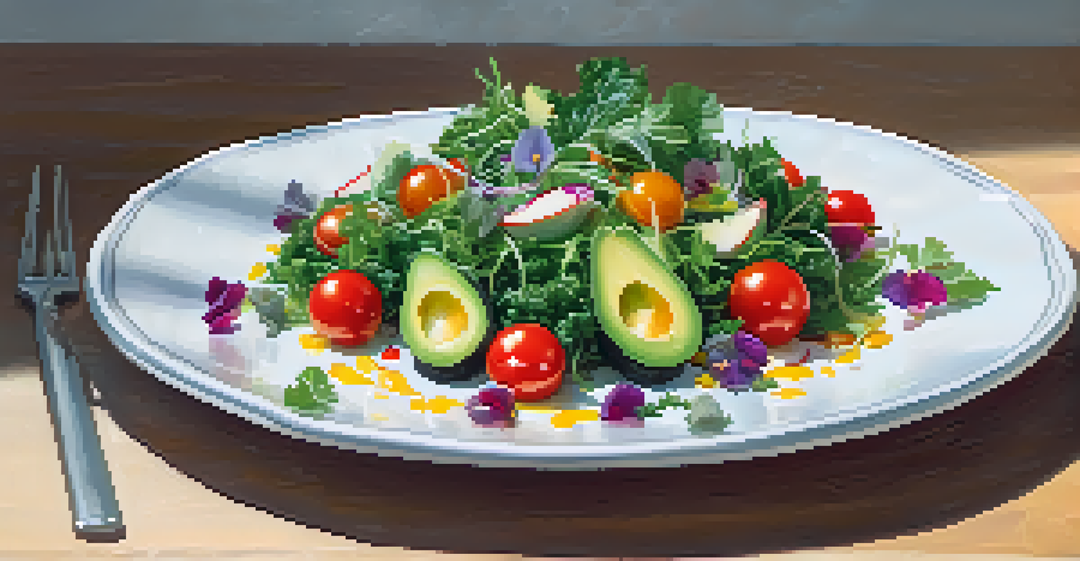 A beautifully arranged raw food salad with kale, cherry tomatoes, avocados, and edible flowers on an elegant plate.