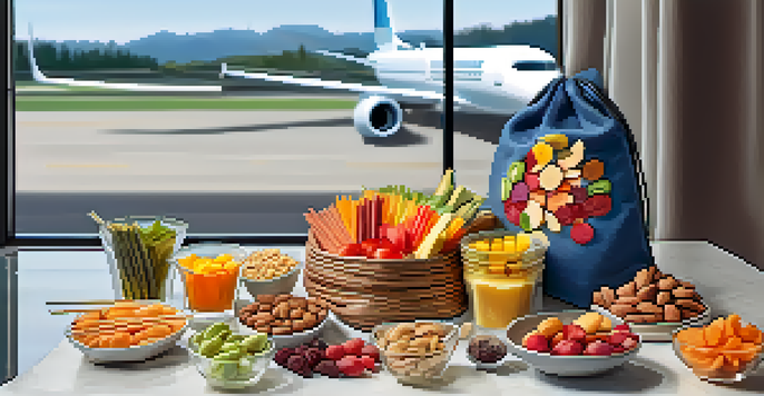 A collection of raw food snacks including almonds, dried fruits, and vegetable sticks in a travel bag, placed in a bright airport lounge.