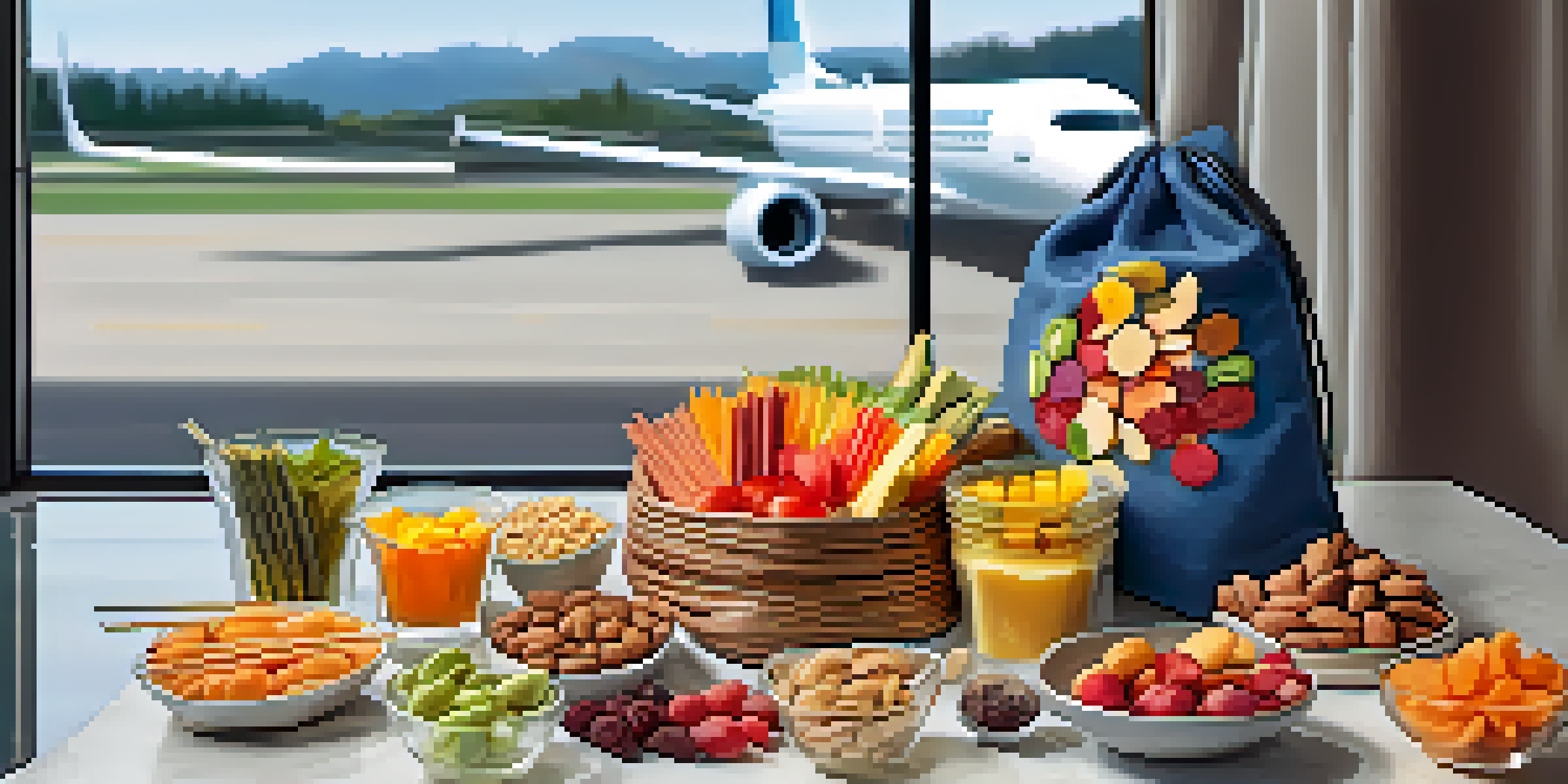 A collection of raw food snacks including almonds, dried fruits, and vegetable sticks in a travel bag, placed in a bright airport lounge.
