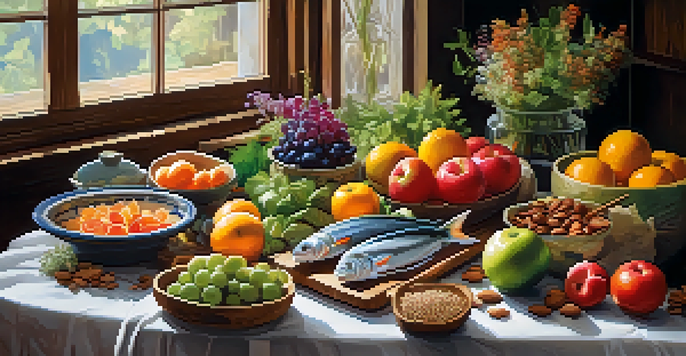 A rustic table filled with an assortment of fresh raw foods including fruits, greens, nuts, and sashimi-grade fish, illuminated by soft sunlight.