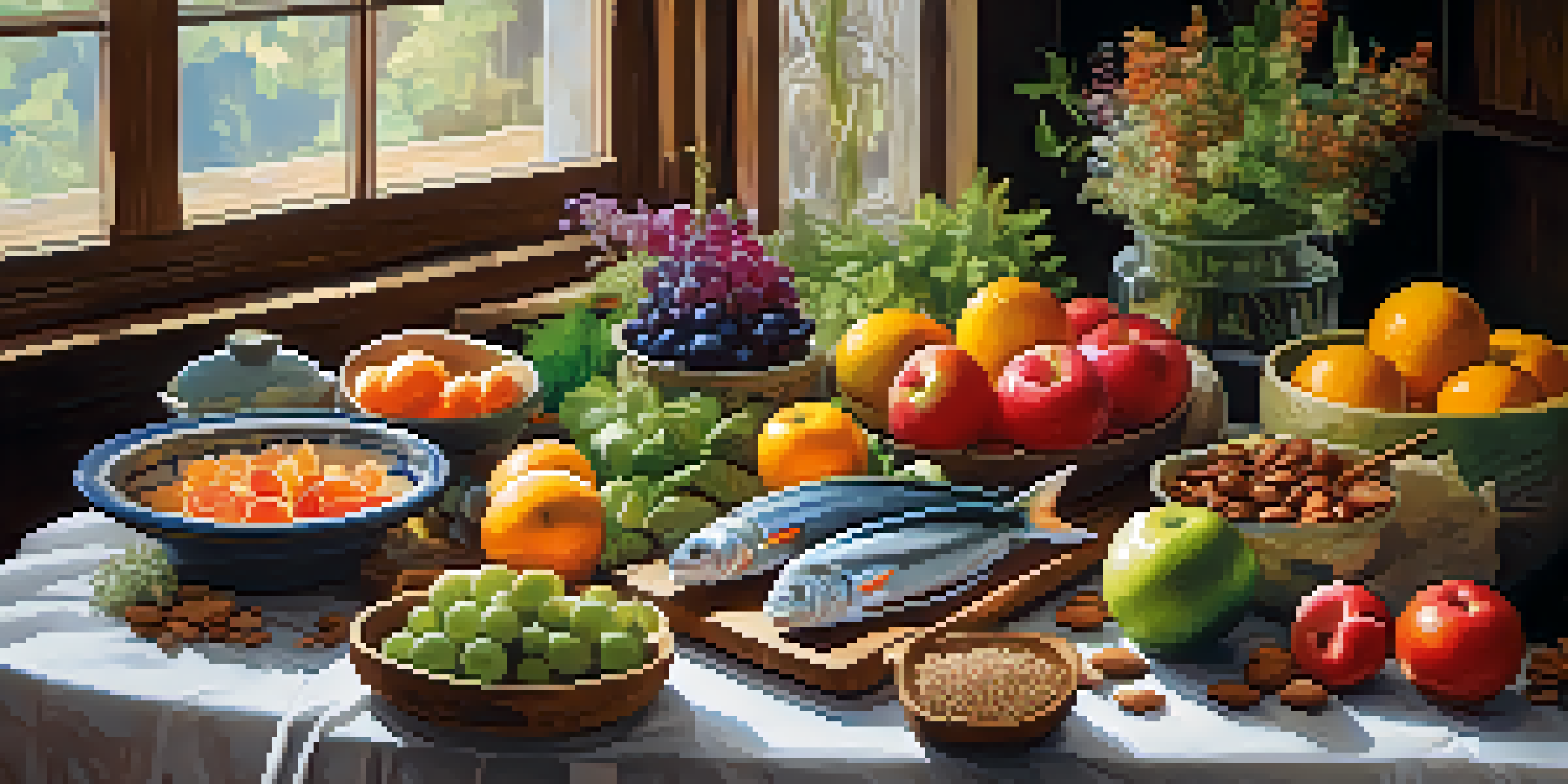 A rustic table filled with an assortment of fresh raw foods including fruits, greens, nuts, and sashimi-grade fish, illuminated by soft sunlight.