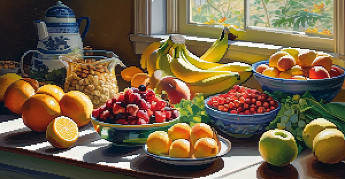 A sunlit kitchen with a wooden table showcasing a variety of colorful raw foods, including fruits, leafy greens, and nuts.