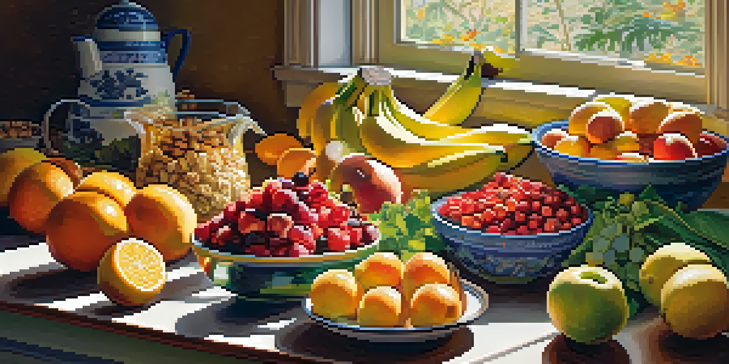 A sunlit kitchen with a wooden table showcasing a variety of colorful raw foods, including fruits, leafy greens, and nuts.