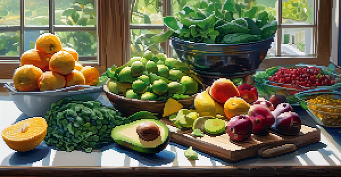 A colorful display of raw food ingredients on a wooden table in a sunlit kitchen, including greens, avocados, fruits, nuts, and seeds.