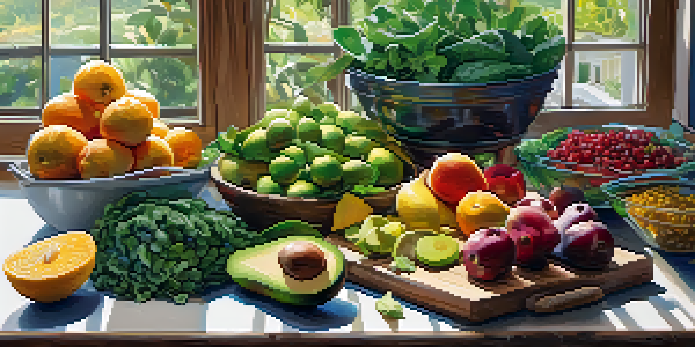A colorful display of raw food ingredients on a wooden table in a sunlit kitchen, including greens, avocados, fruits, nuts, and seeds.