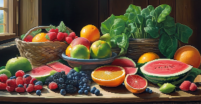 A colorful display of fresh raw fruits and vegetables on a wooden table, illuminated by natural sunlight.