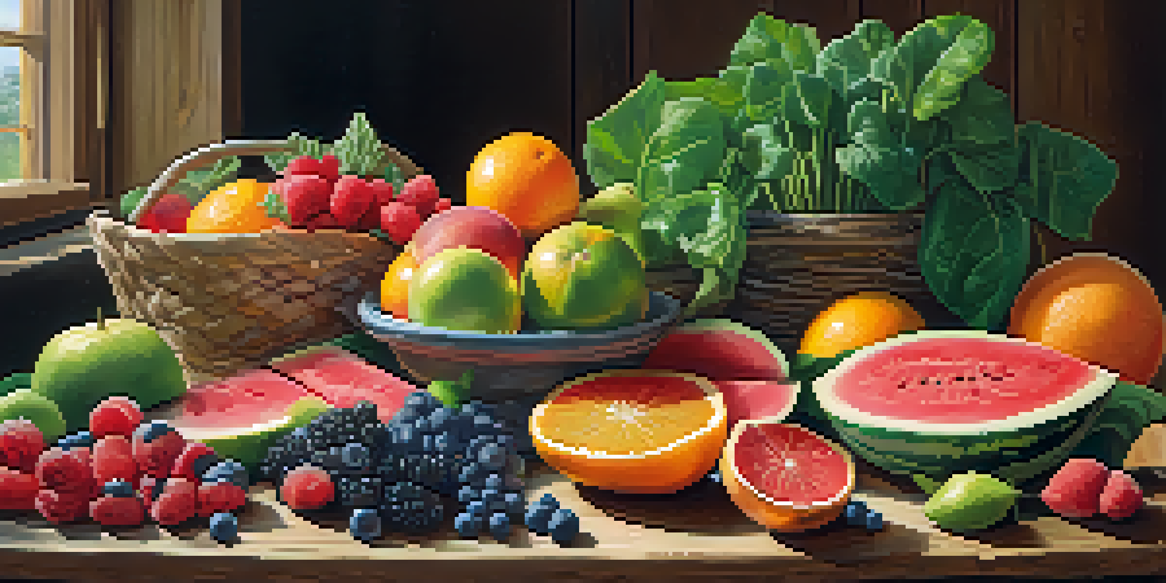 A colorful display of fresh raw fruits and vegetables on a wooden table, illuminated by natural sunlight.