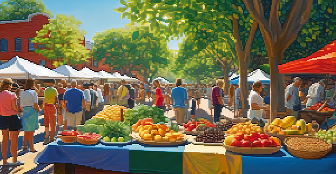 A lively raw food festival with tables filled with colorful fresh produce and people enjoying their meals under sunlight filtering through trees.