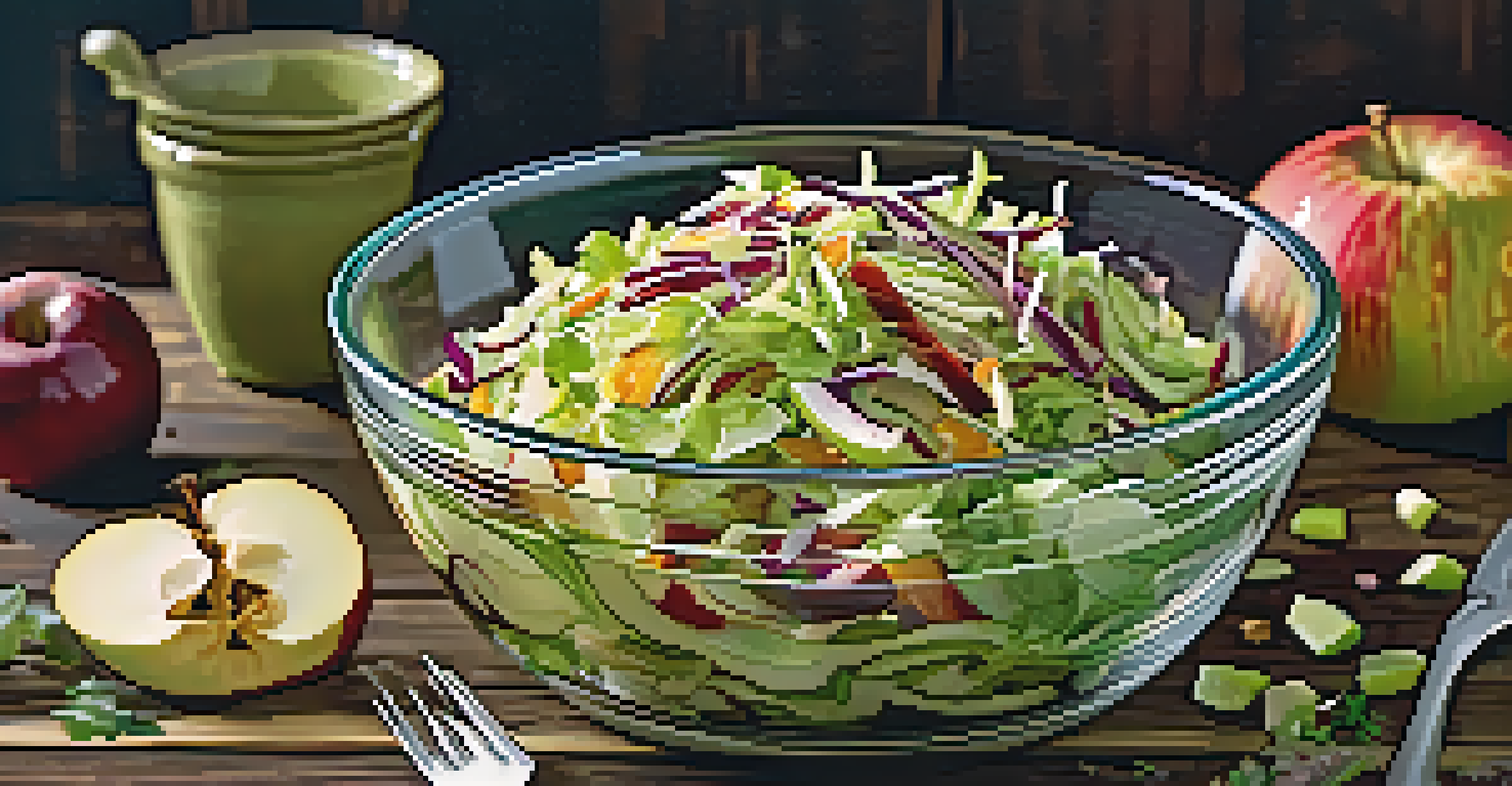 A close-up of a colorful apple and cabbage slaw in a glass bowl, topped with pumpkin seeds, on a rustic wooden table.