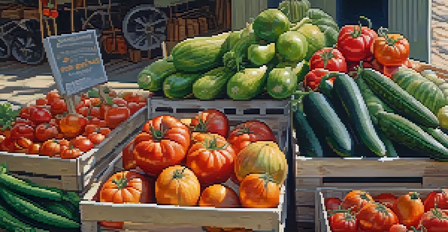 A close-up of colorful seasonal vegetables and fruits at a farmers market with sunlight filtering through, showcasing their freshness.