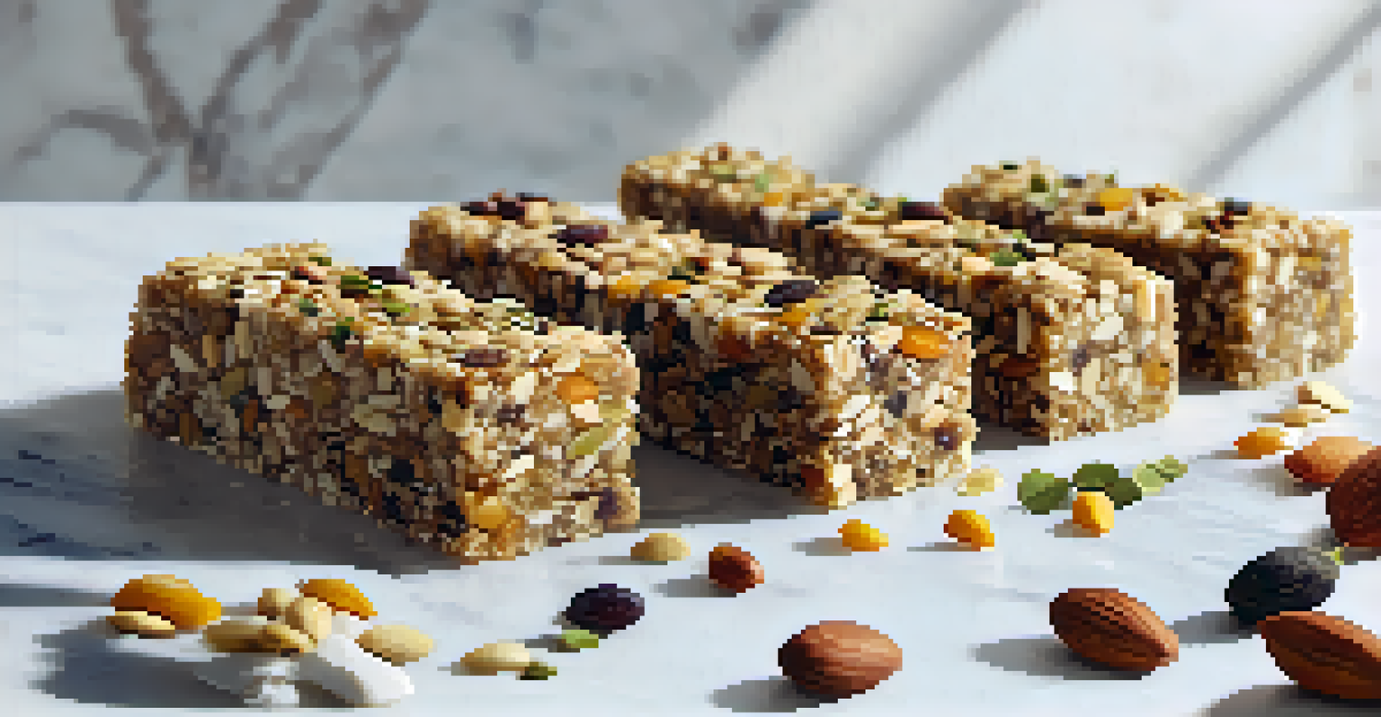 Raw energy bars made with seeds and nuts, displayed on a marble countertop next to small bowls of seeds and fresh herbs.