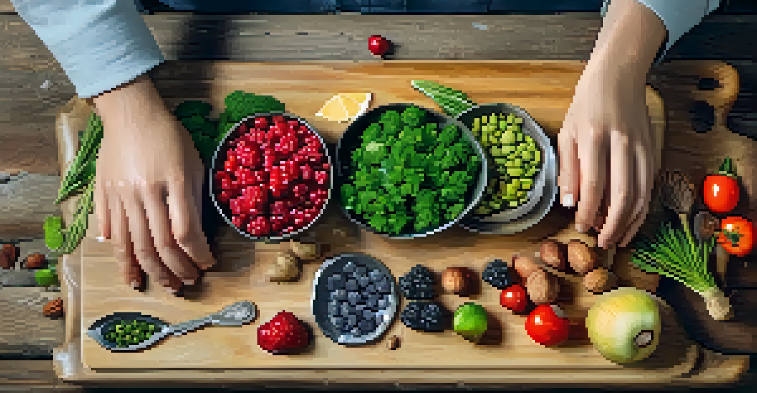 Close-up of hands preparing colorful raw foods on a wooden cutting board, featuring wild berries, nuts, and vegetables.